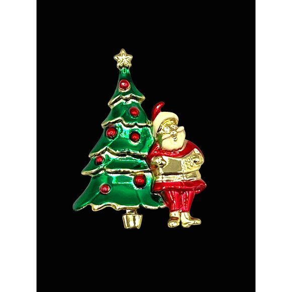 Vintage AJC Santa and Christmas Tree Enamel Pin Brooch Festive Holiday Gift 2" - Picture 5 of 8